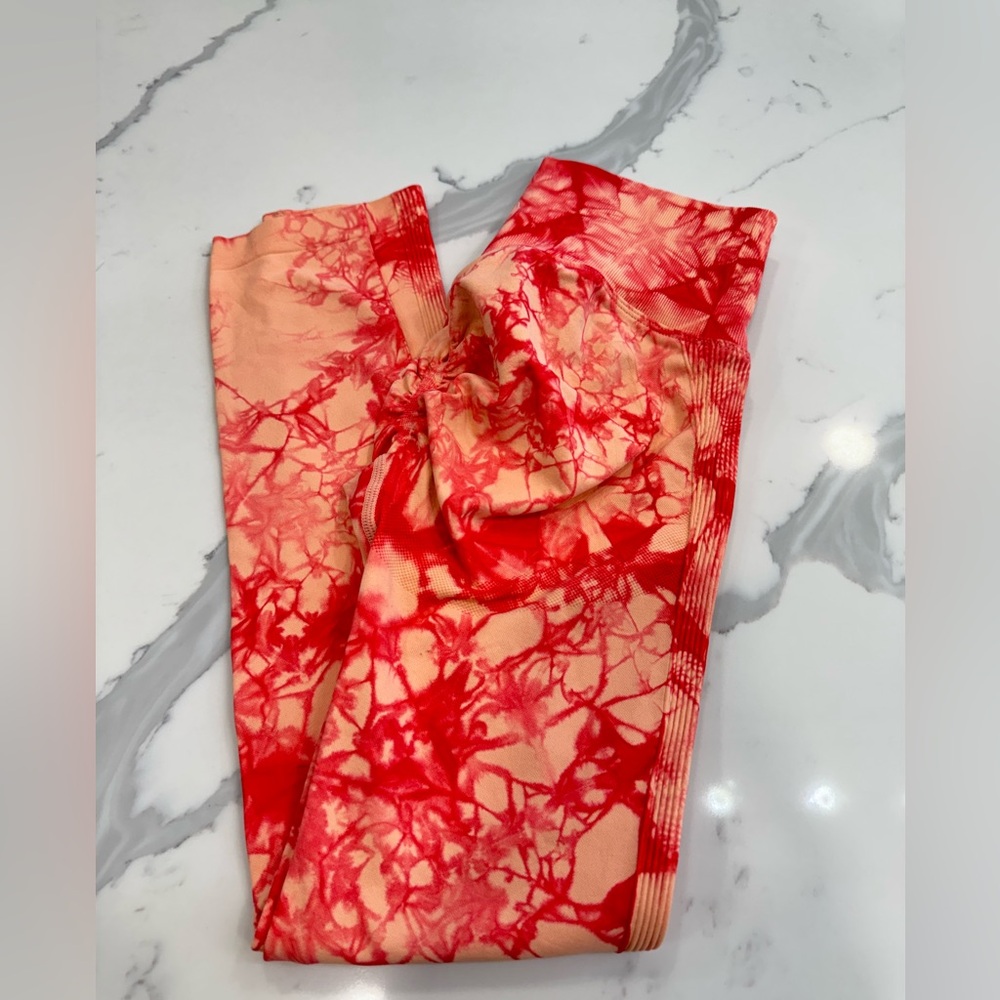 Red and Peach Tie-Dye Leggings